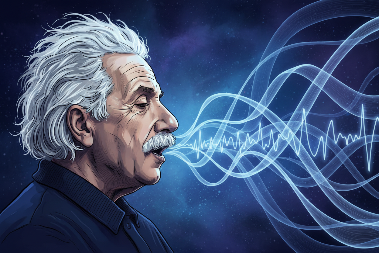 create an image of albert Einstein from the side with sound wave coming from his mouth